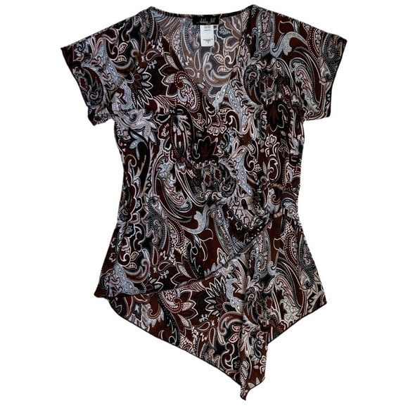 VINTAGE 90’s Brown Paisley Print Wrap Blouse - Picture 1 of 9